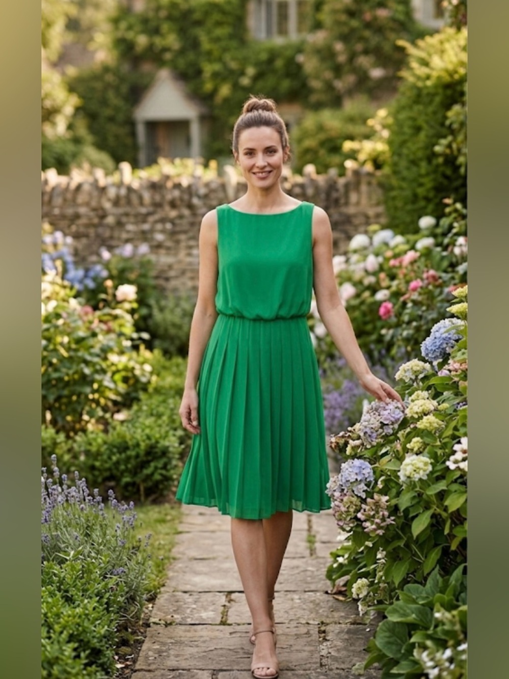 Lauren Ralph Lauren Green Pleated Chiffon Fit & Flare Dress Size 10